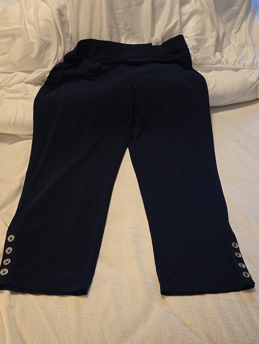 Susan Graver Dark Navy Liquid Knit Pull-On Capri Pants with Snap Hem Detail